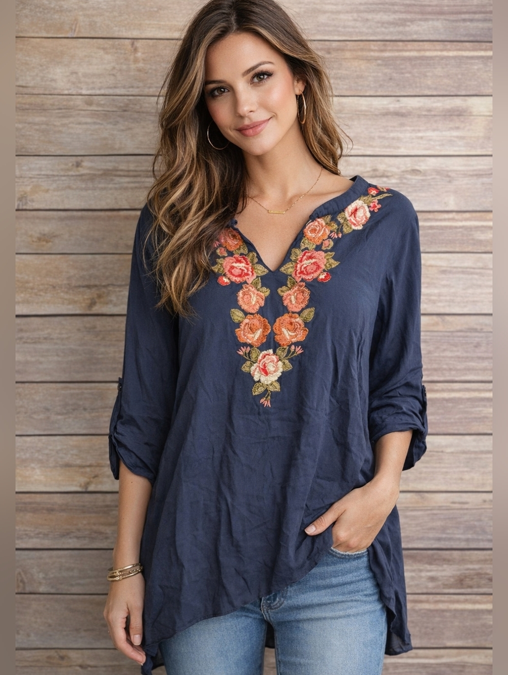 April Sky Medium Navy Blue Embroidered Floral Tunic Top Boho Hi Low 3/4 Sleeve